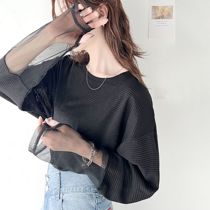 日本 Classical Elf - 寬鬆感薄紗拼接長袖上衣-指孔設計-黑