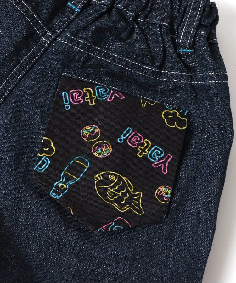 日本 BREEZE - 夏日祭典逗趣刺繡手巾牛仔短褲-幽默師匠-淺藍