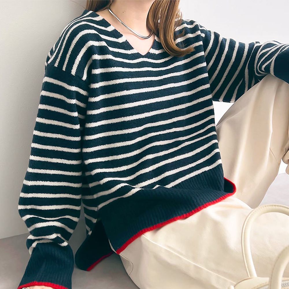 [可機洗]都會時尚柔軟寬鬆毛衣(選領)-藍綠x白條紋