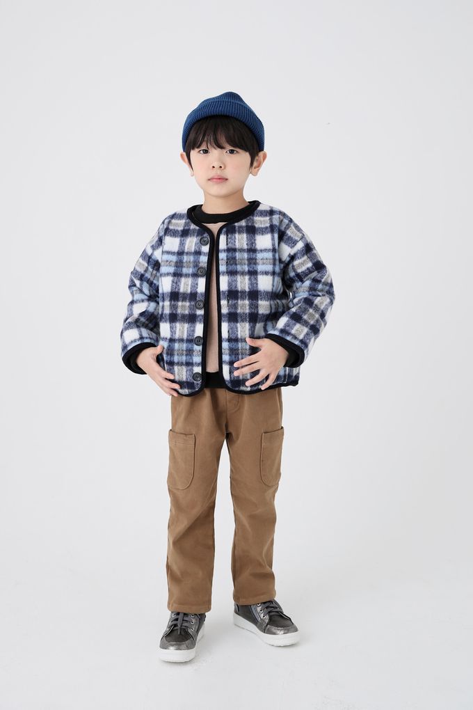 韓國 Coco Bang - 格紋毛呢感無領鈕扣外套-棕X深藍