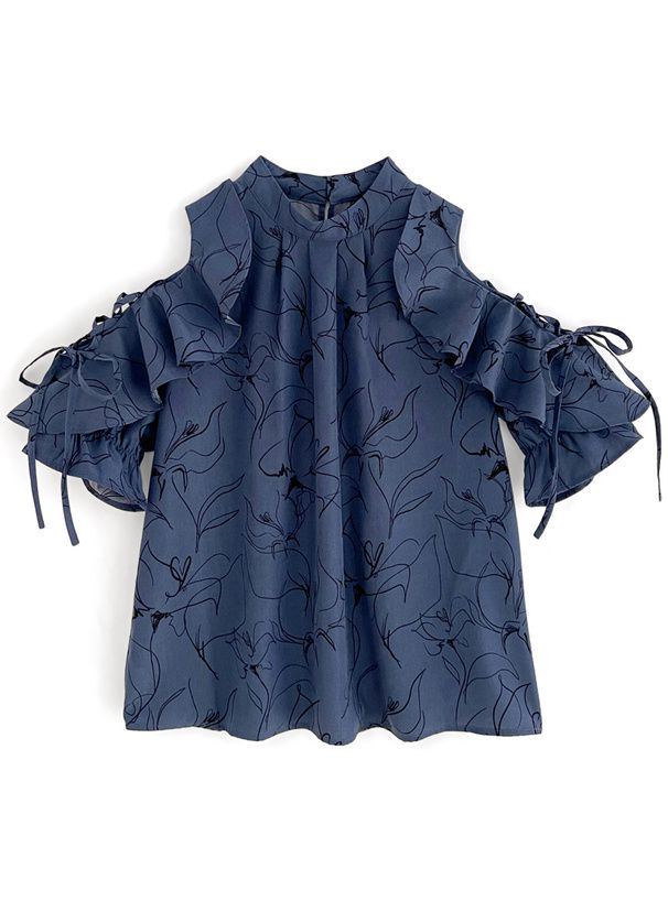 日本 GRL - 氣質碎花挖肩雪紡短袖上衣-深藍 (F)