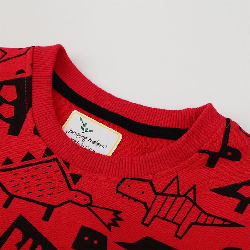 Jumping meters - 圓領棉質長袖上衣/大學T-恐龍插畫世界-酒紅色