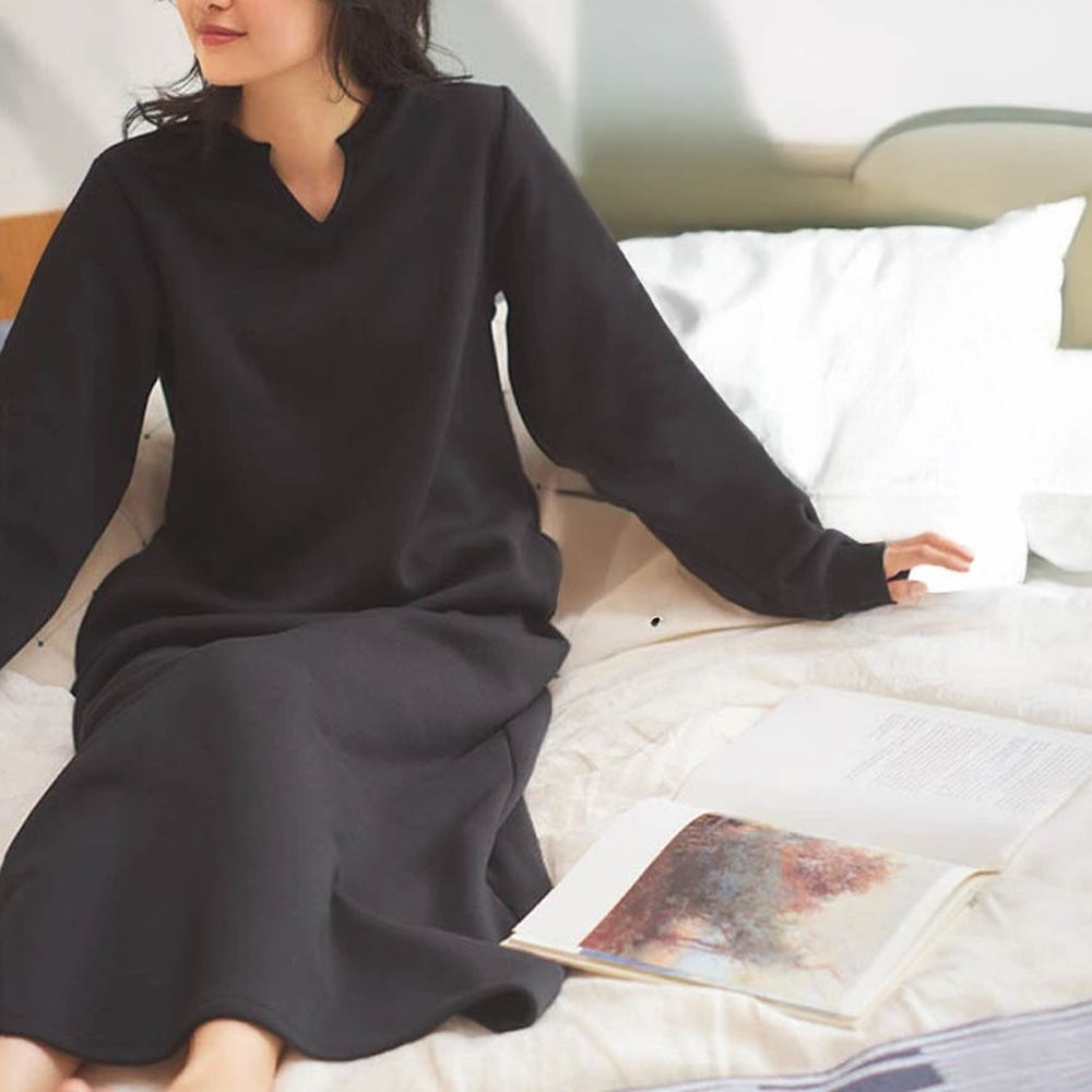 極上溫暖 裏起毛鑰匙領休閒長袖洋裝-黑