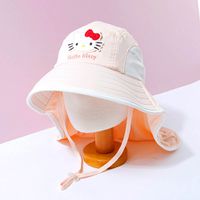 韓國配件連線 - 卡通造型大帽簷網眼防曬遮脖帽-卡通人物凱蒂貓-淡粉橘 (頭圍約52~54cm)