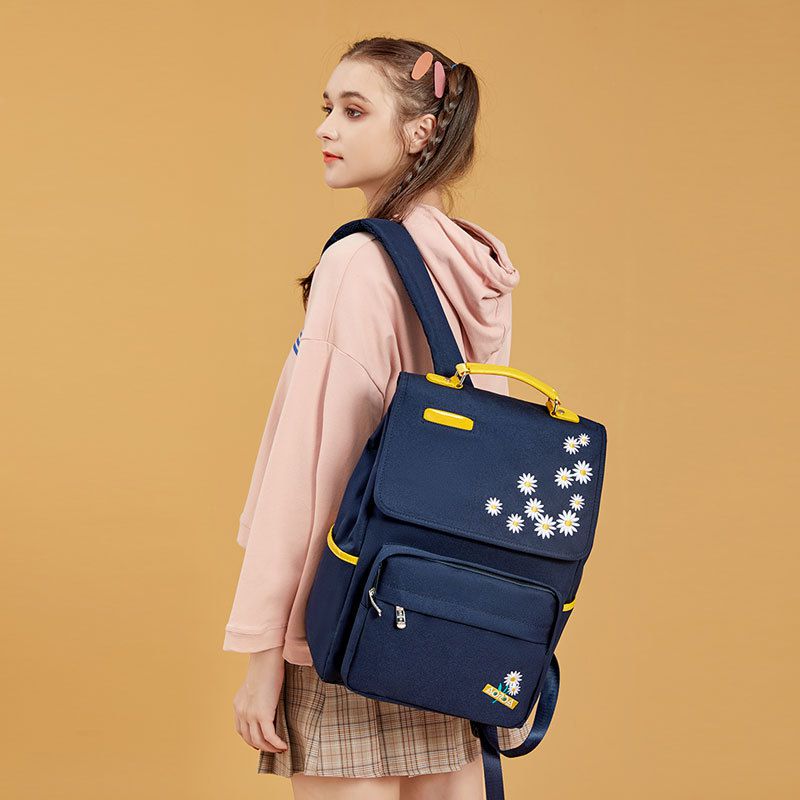 簡約大容量翻蓋書包-小雛菊-黑色 (38.5x28x15cm)