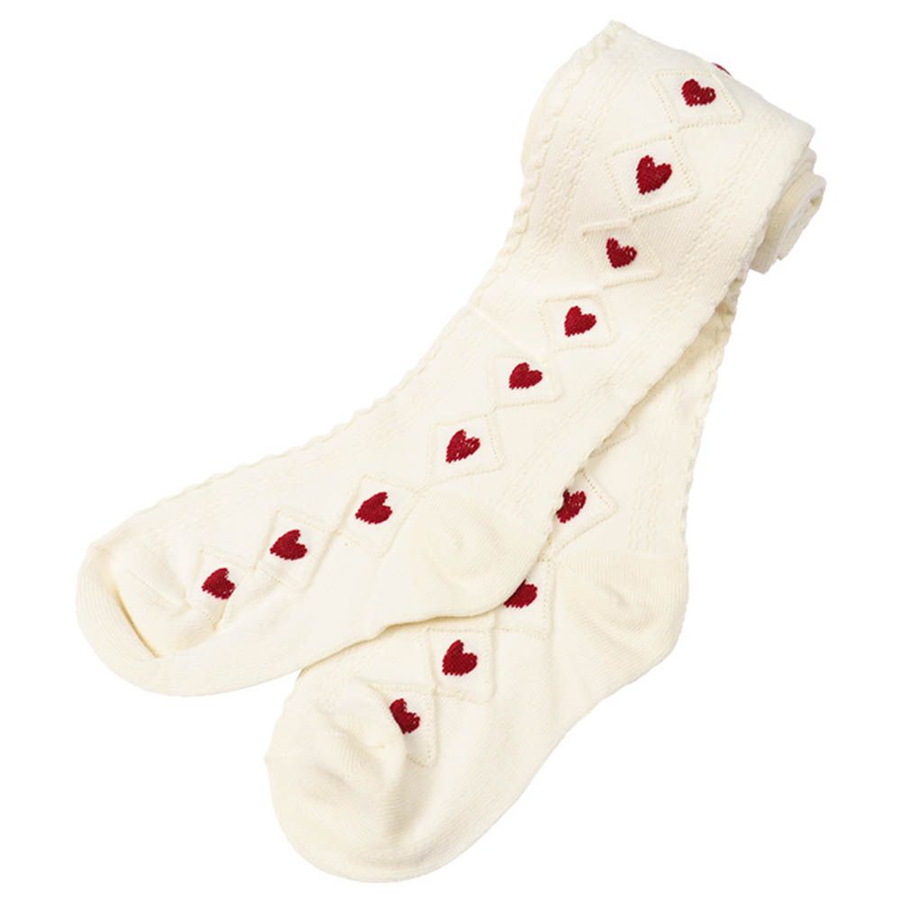 褲襪-菱形花紋 愛心-米白色