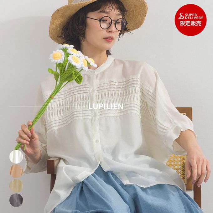 日本 Lupilien - 100%印度棉 柔美細摺輕盈五分袖襯衫-淺橘粉