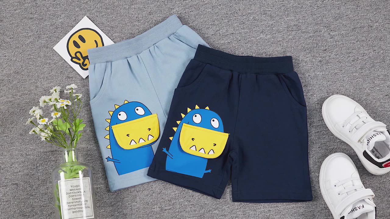 BE TOP - 純棉立體造型休閒短褲-戴口罩的恐龍-淺藍色