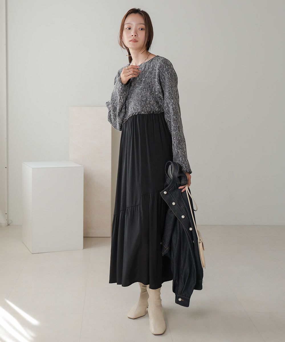 日本 Bab - 仙氣花呢異材質拼接長袖洋裝-黑