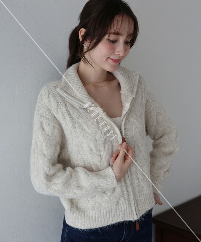 日本 BLUE EAST - 混羊毛麻花紋路立領雙拉鏈針織外套-咖啡