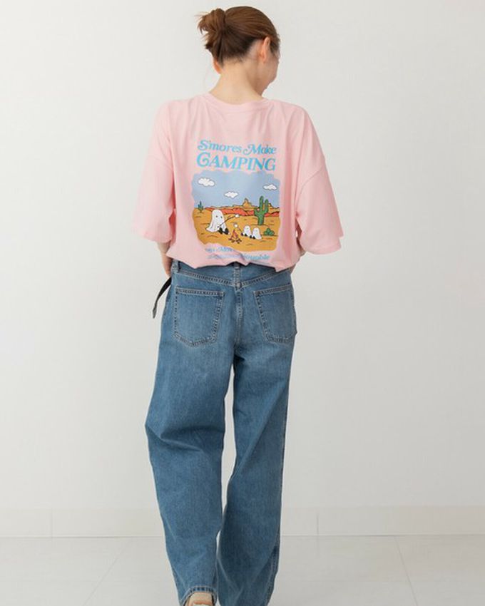 日本 gleam - 俏皮露營幽靈印花寬大風短袖T恤-燕麥灰