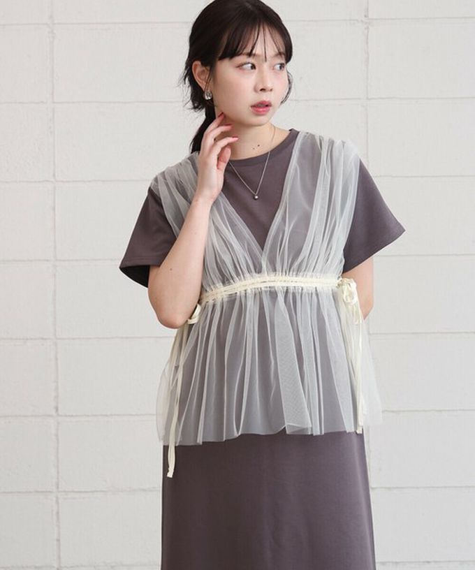 日本 Bab - 層次設計感薄紗拼接短袖洋裝-炭灰