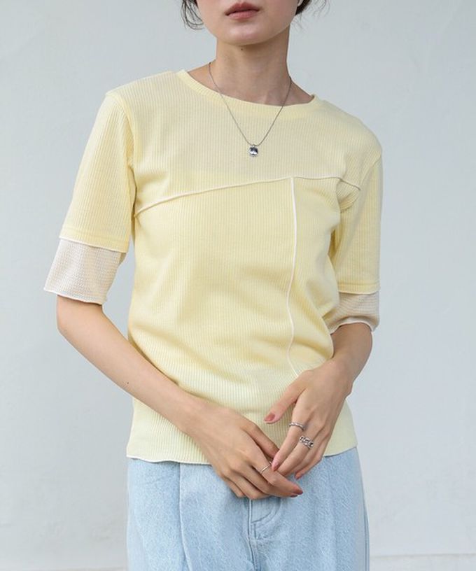 日本 Bab - 柔美線條羅紋異材質短袖上衣-卡其 (M)