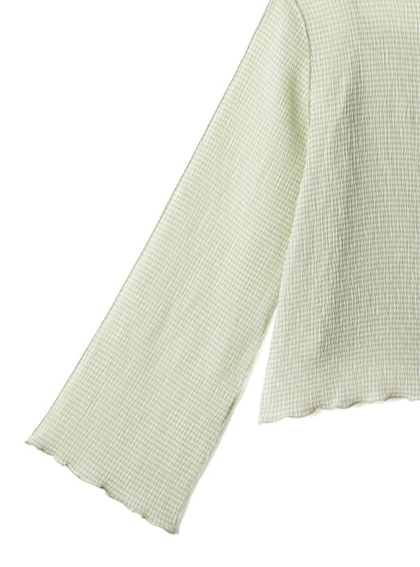 日本 GRL - 木耳領透膚長袖上衣(附內裡)-細格紋-時尚黑