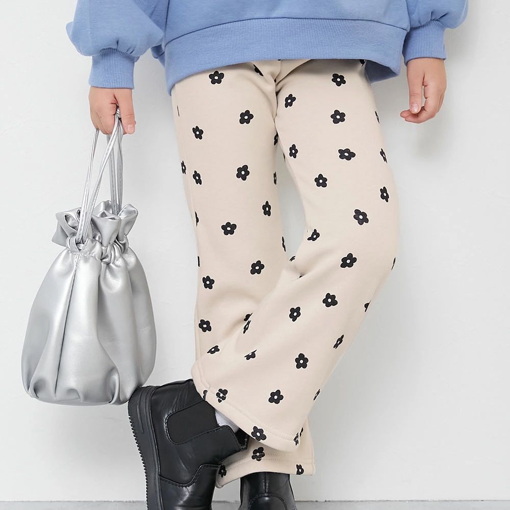 RICH WARM 保暖裏毛喇叭長褲-小花-象牙白