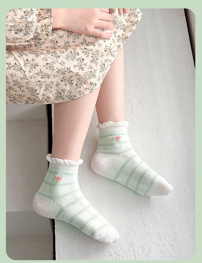 盛夏花園清新花朵甜美荷葉邊透氣短筒棉襪