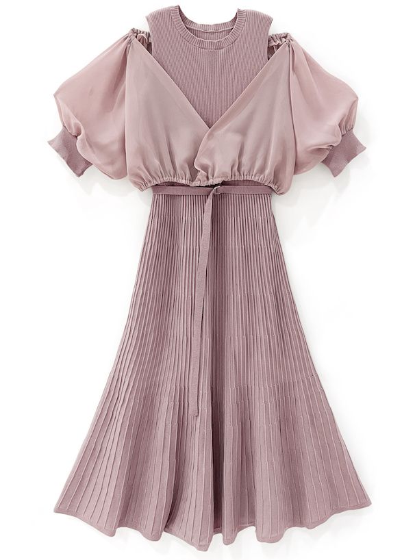 日本 GRL - 夢幻薄紗泡泡袖修身兩件式洋裝-淺米杏