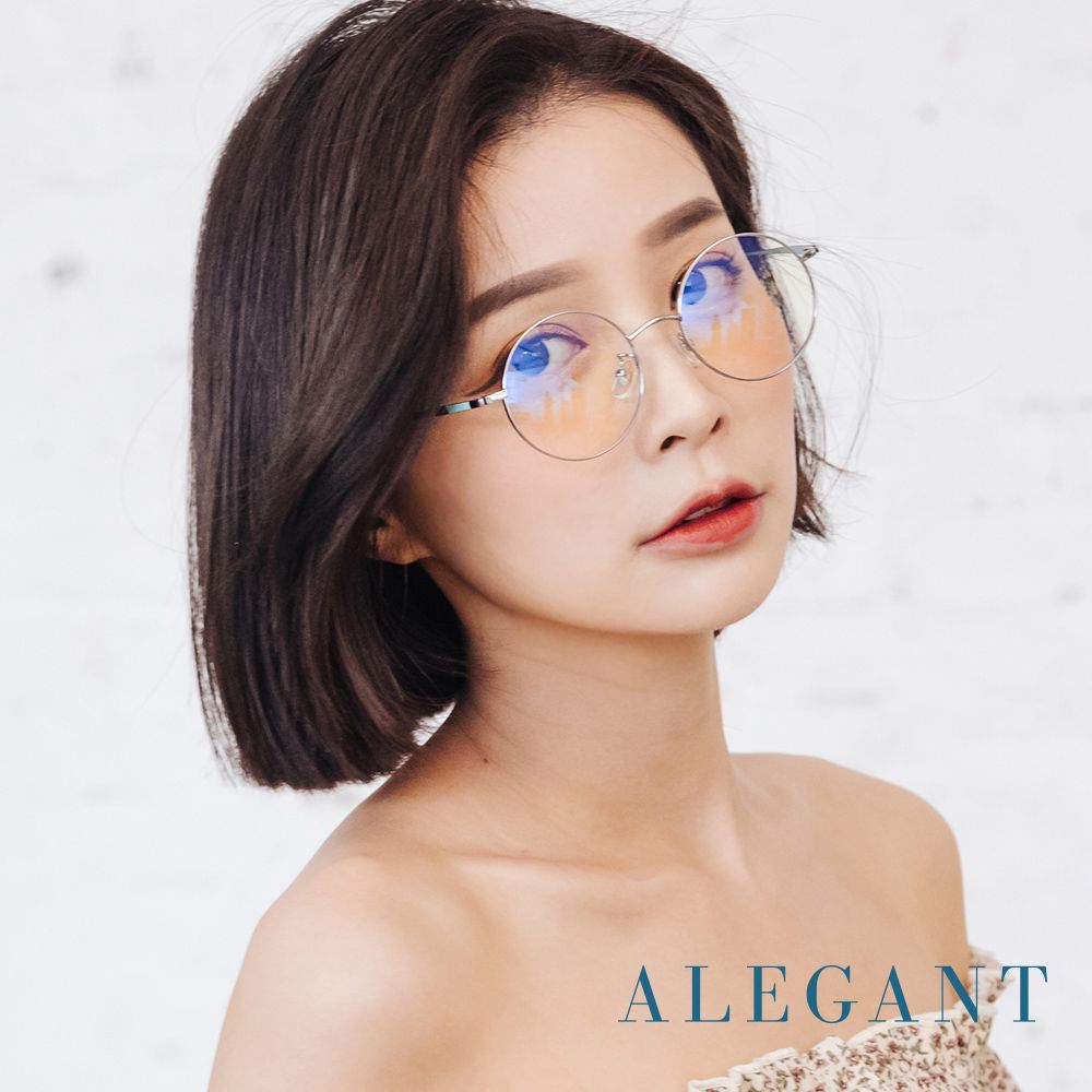 ALEGANT - 冰幻藍銀輕量鈦緞面套圈北歐質感圓框UV400濾藍光眼鏡