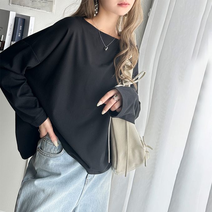 日本 Classical Elf - 一字領寬鬆落肩長袖T恤-淺杏