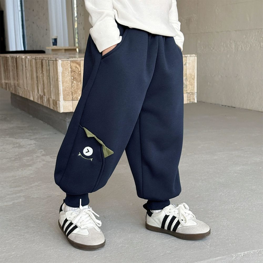 加絨款運動休閒長褲-立體小怪獸-藏青