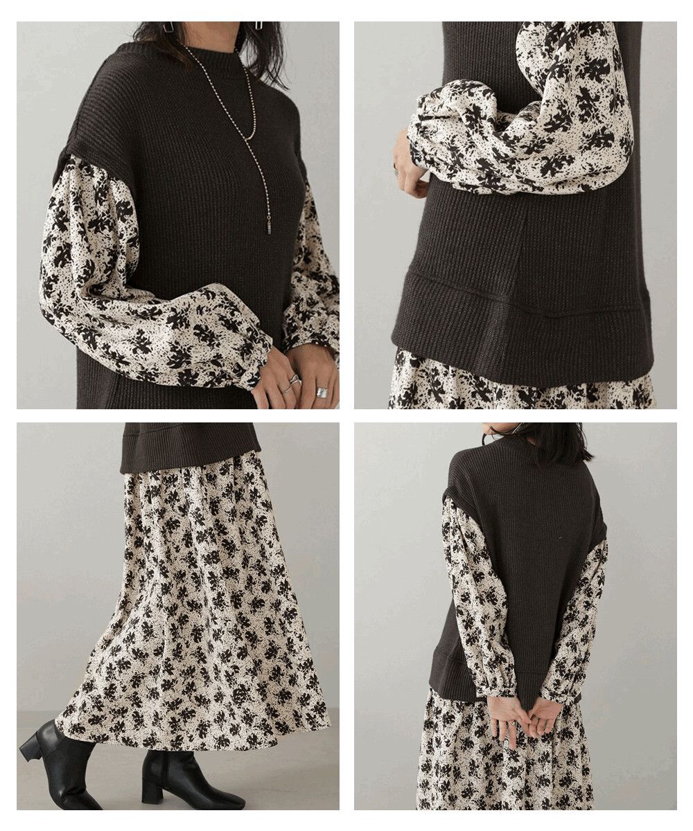 日本 Bou Jeloud - 針織背心假兩件拼接長袖寬鬆洋裝-米