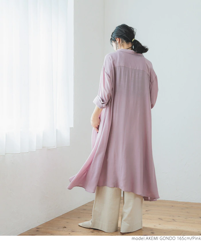 日本 COCA - 寬鬆傘狀薄長袖襯衫洋裝/外套-粉