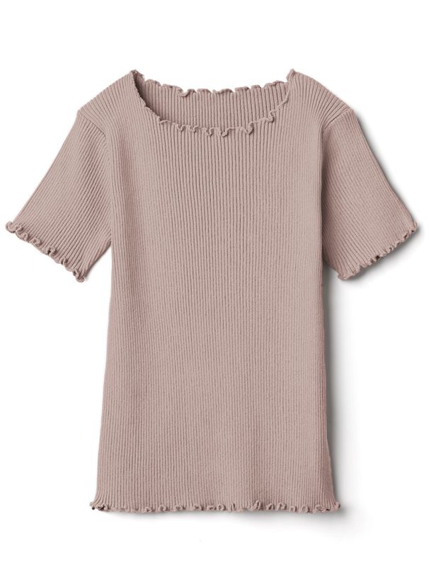 日本 GRL - 圓領木耳捲邊合身短袖上衣-煙燻粉