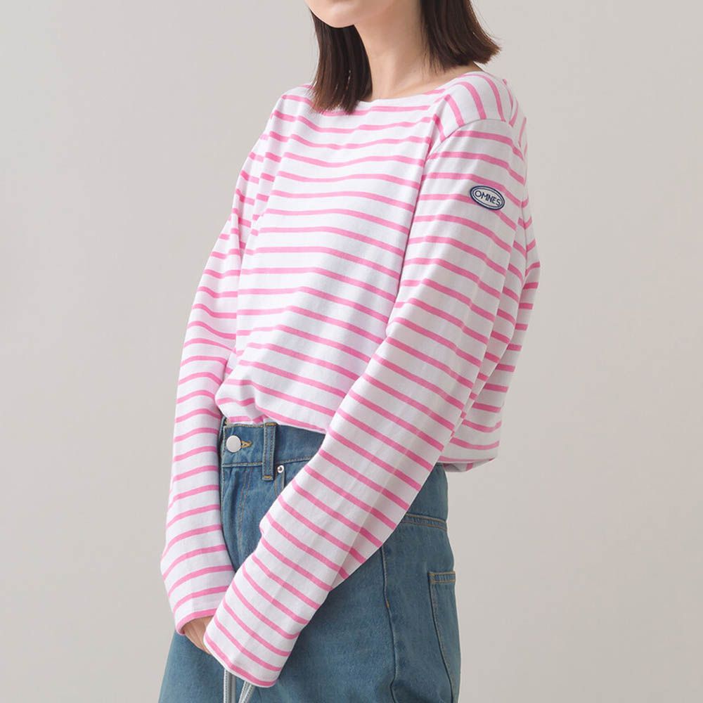 [必收款]100%棉 條紋船領長袖上衣-粉紅x白