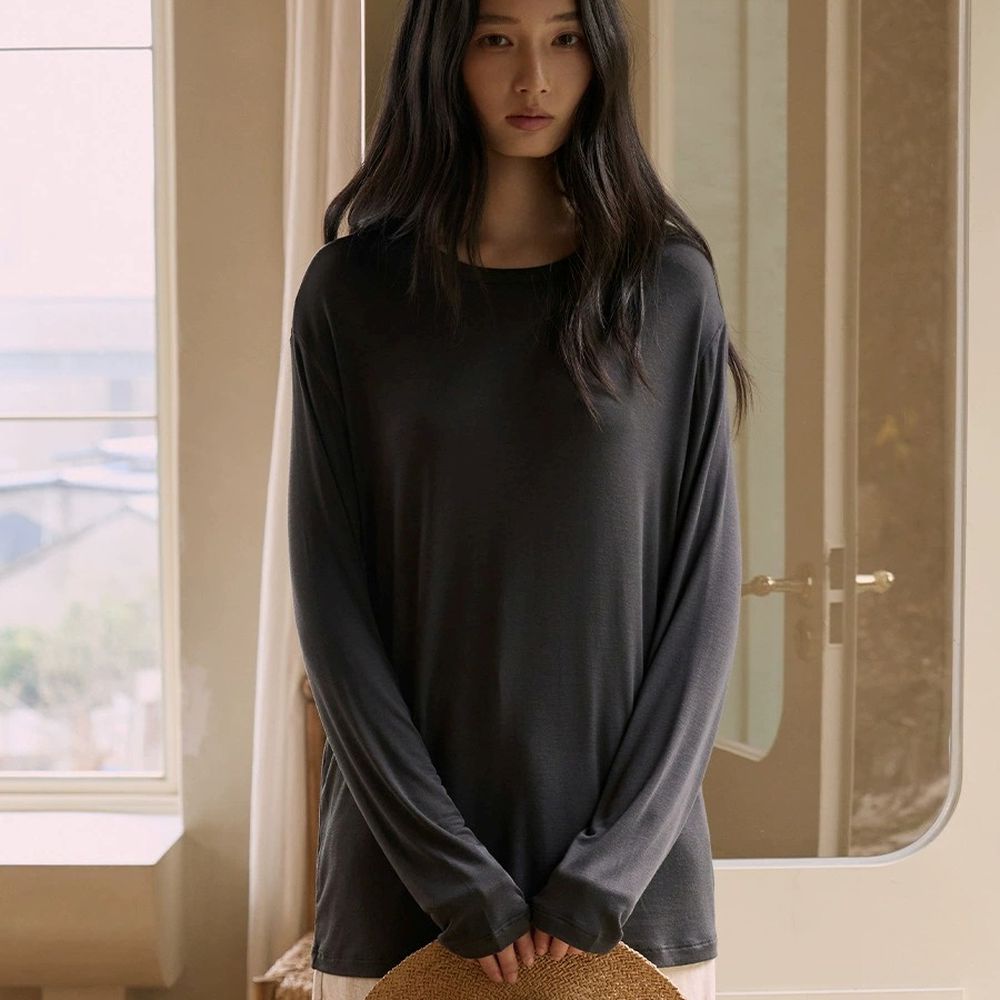 呼吸感6.3%羊毛天絲後背點綴線寬鬆長袖上衣-烏灰 (F)