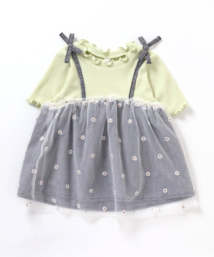 日本 apres les cours - 花朵刺繡拼接夢幻短袖上衣-嫩綠x黑