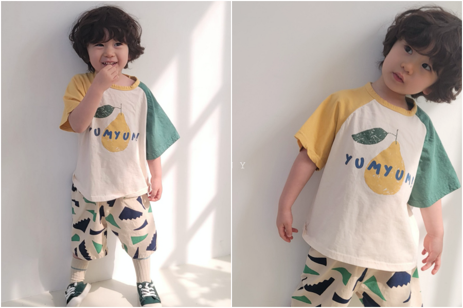 韓國 The Funny - 水果拼接色純棉T-黃X綠