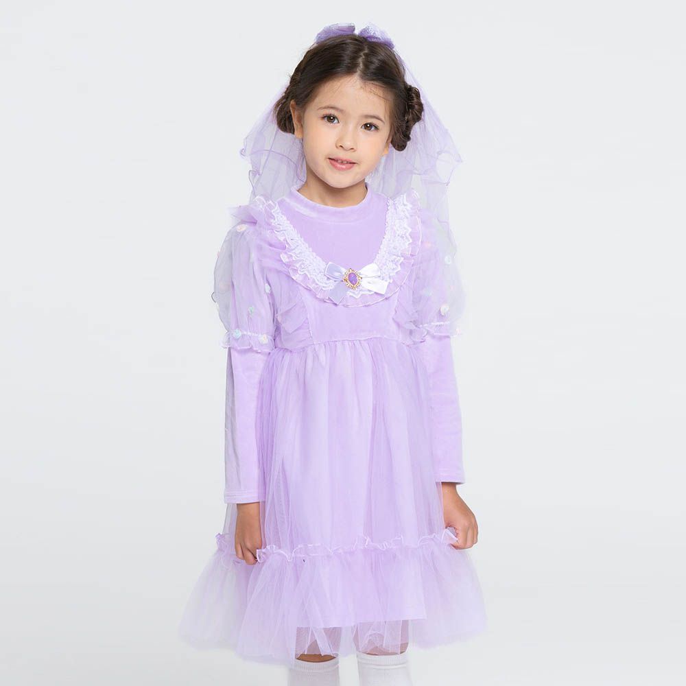 (附髮飾)寶石點綴蕾絲網紗花邊長袖公主洋裝-薰衣草紫