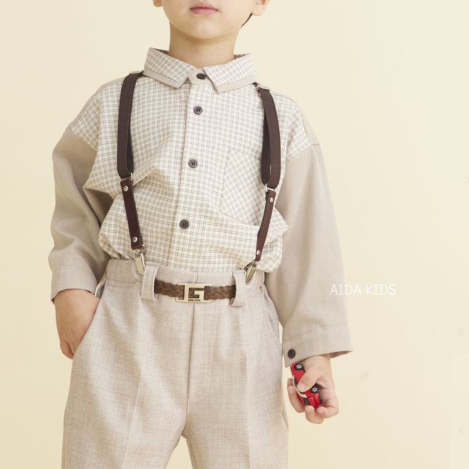 韓國 AIDA - (不含領結)拼接感格紋翻領長袖襯衫-可可咖