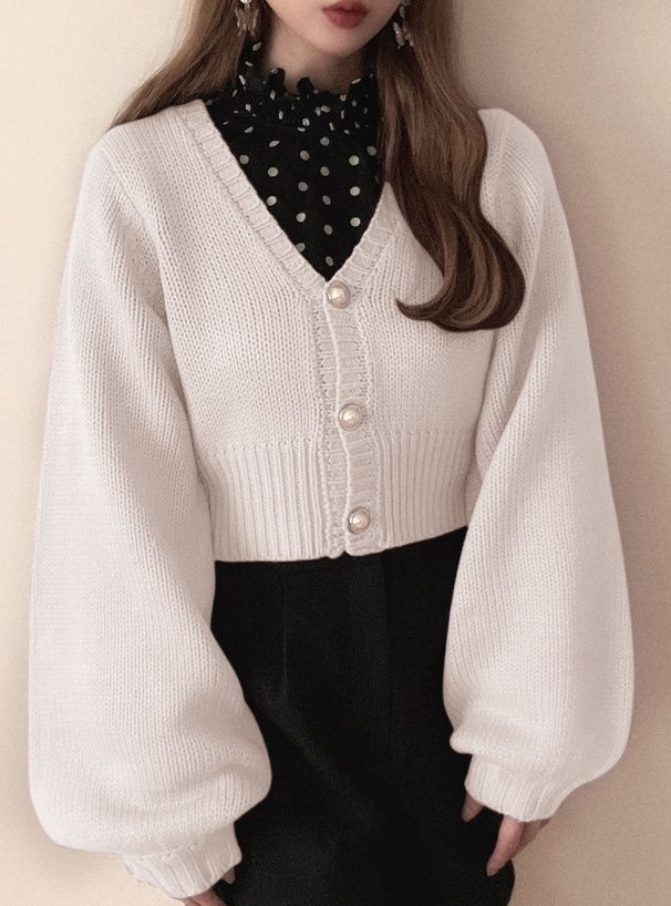 日本 GRL - V領珍珠釦泡泡袖針織外套-淺粉紫 (F)