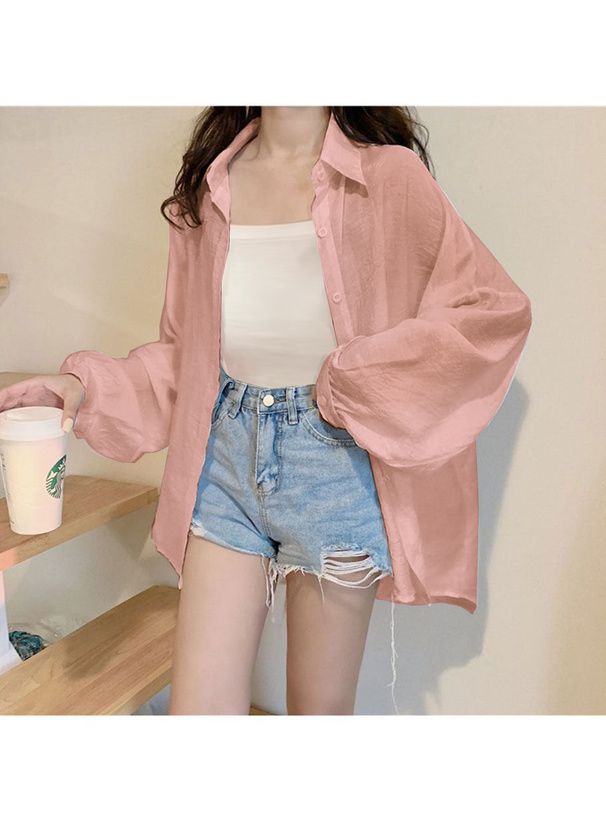 日本 GRL - 嫘縈舒適微透感泡泡長袖襯衫-淺杏 (F)