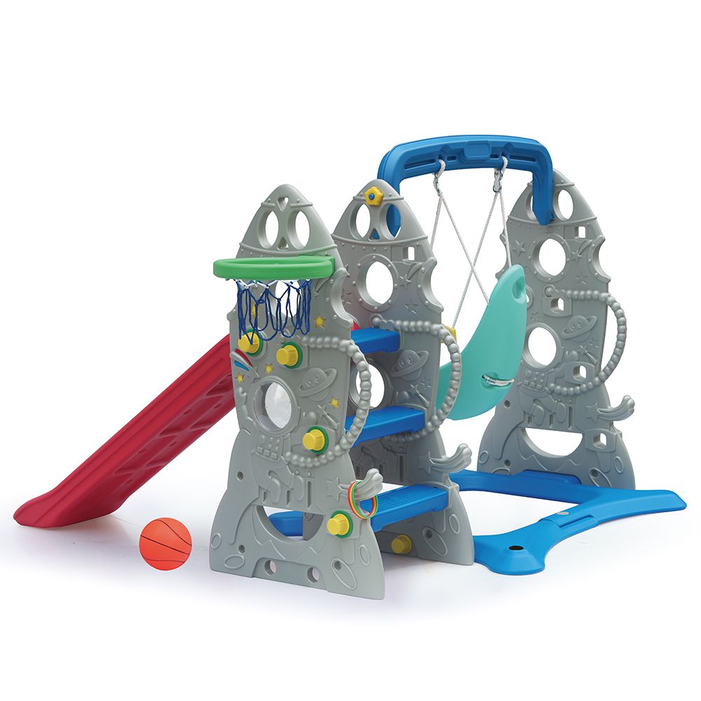 親親 Ching Ching - 100%台灣製造 火箭溜滑梯+鞦韆歡樂組 銀灰色(附籃球框/籃球+套圈圈)SL-19