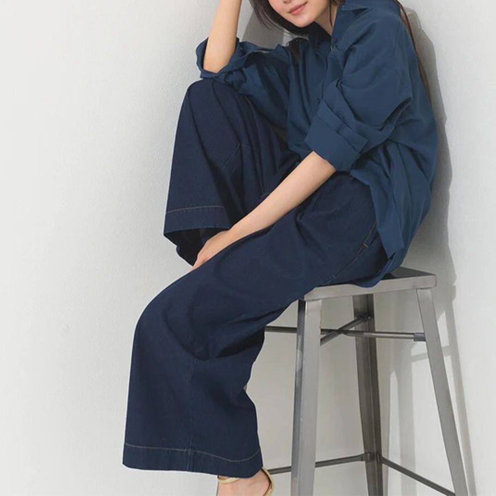 100%棉 時尚寬版彈性腰圍丹寧褲-靛藍