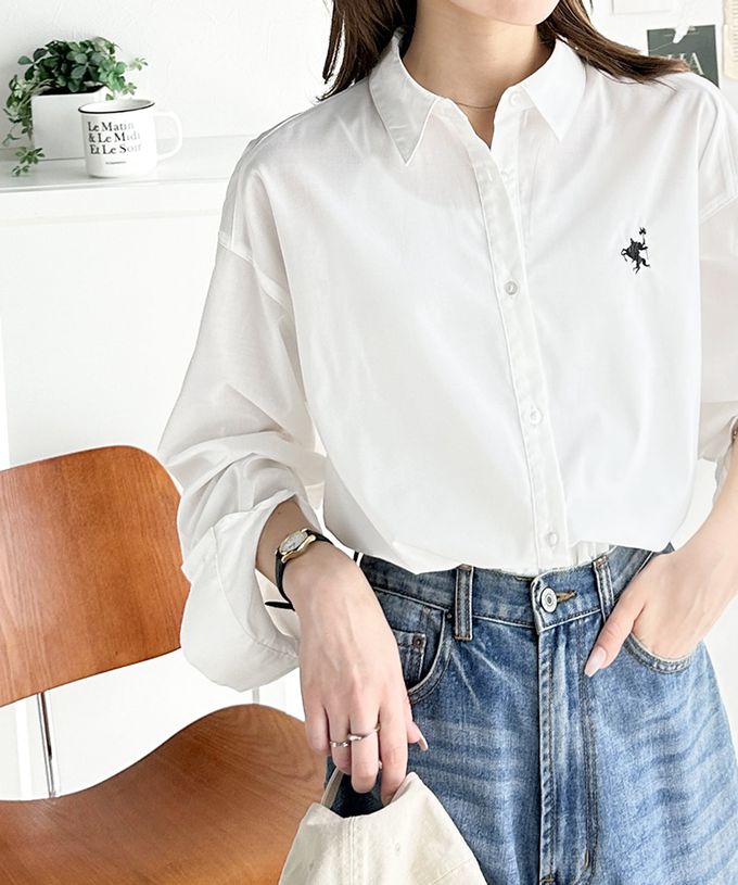 日本 Classical Elf - 前短後長知性寬版長袖襯衫-logo刺繡-藍白條紋