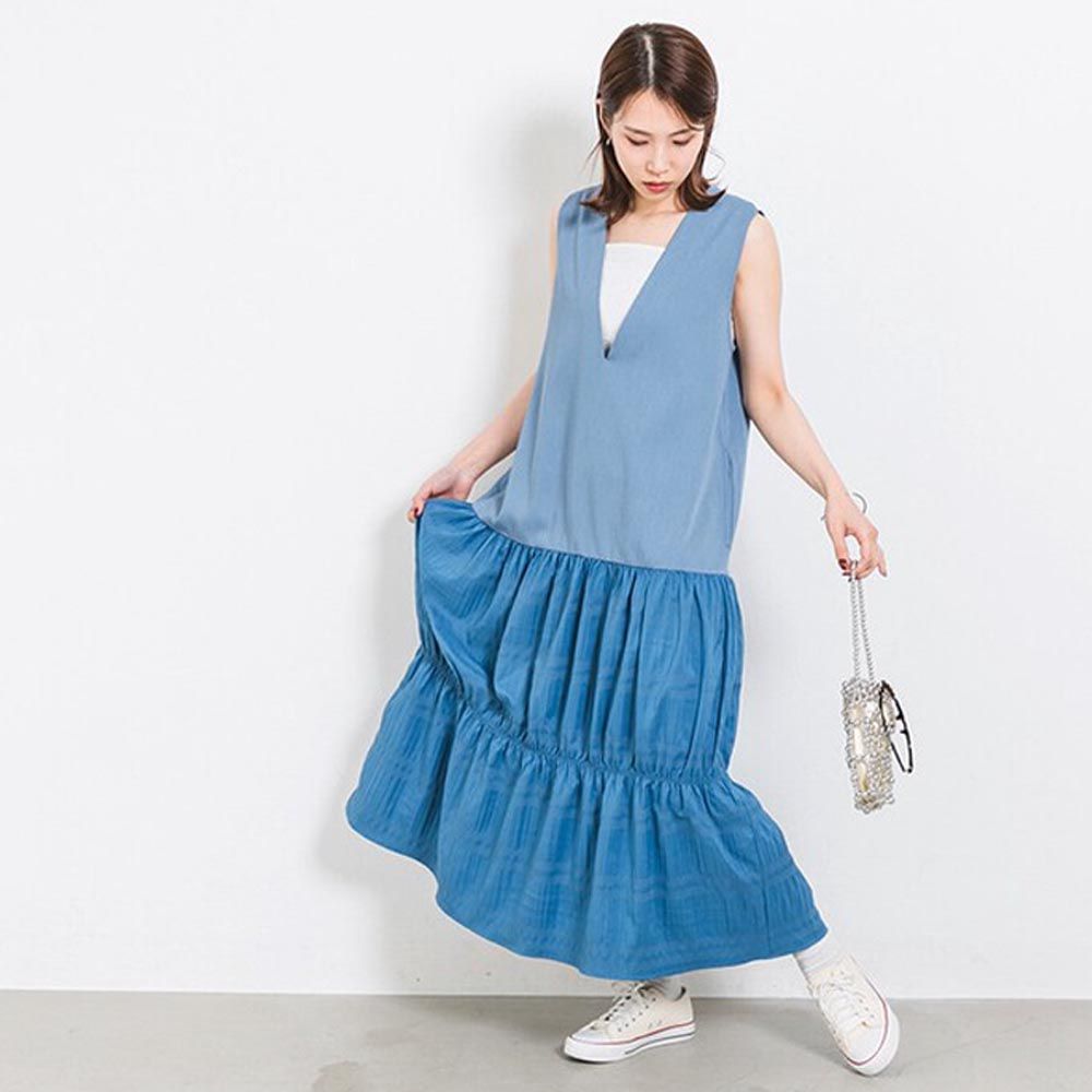 日本 ihuu - 深V百搭皺褶裙襬背心洋裝-藍