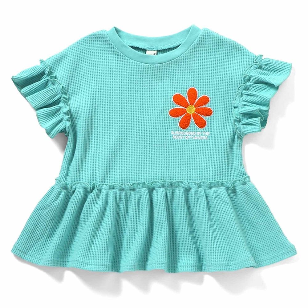 胸前花朵可愛摺邊短袖上衣-薄荷綠