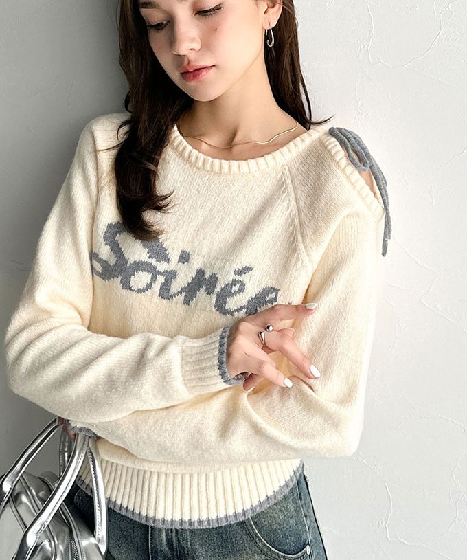 日本 Classical Elf - mily bilet 露肩綁帶唯美文字針織上衣-灰