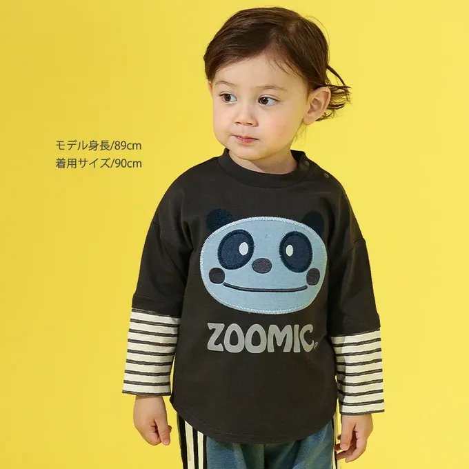 日本 ZOOLAND - 丹寧風小熊長袖上衣-假二件袖-炭黑