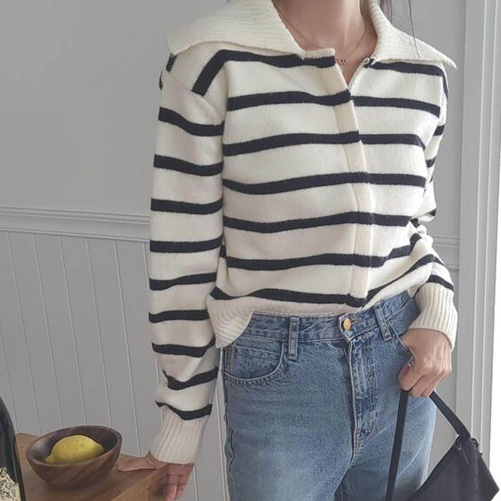 條紋翻領拉鍊針織衫/外套-象牙白 (FREE)