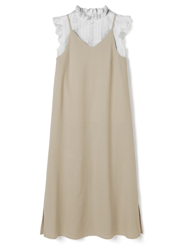 日本 GRL - 荷葉袖無袖上衣 X 細肩帶吊帶裙套裝-淺綠X米白