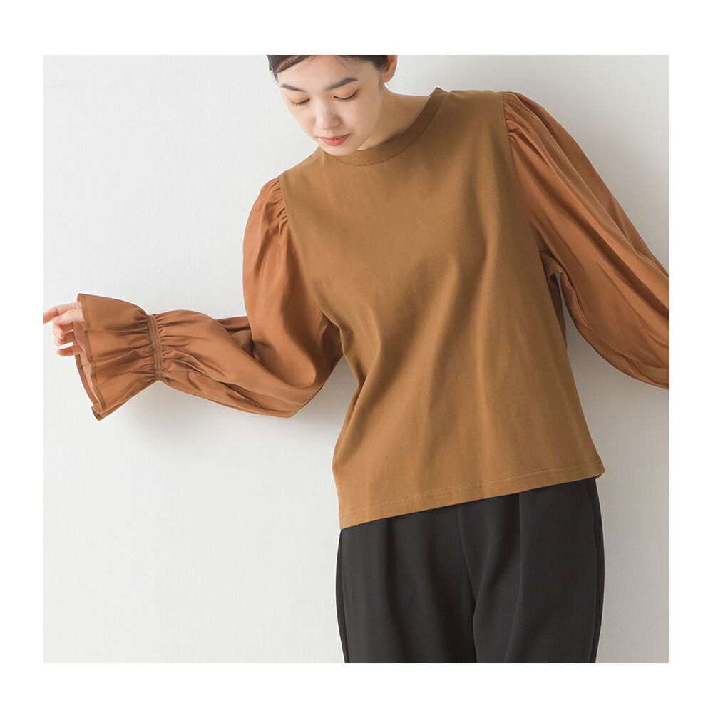 日本 OMNES - 圓領拼接光澤感糖果袖上衣-黑