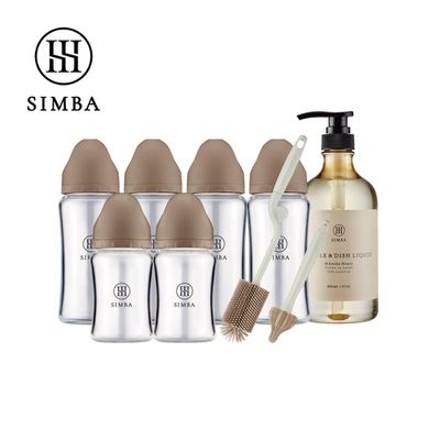 Simba 小獅王辛巴 - 省力洗瓶！蘊蜜質金玻璃寬口奶瓶極淨組-全齡適用-摩卡慕斯