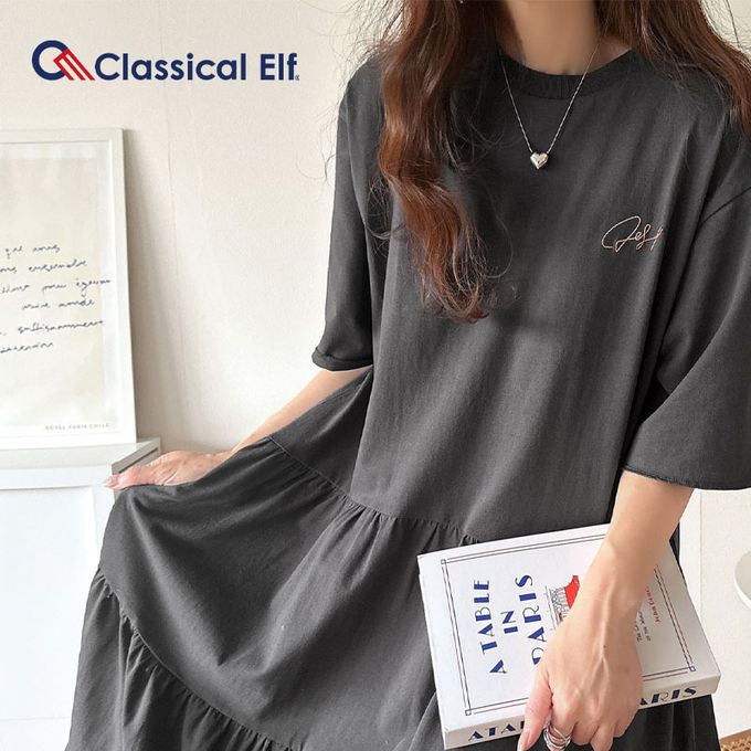 日本 Classical Elf - 背後美式印花休閒廓形短袖洋裝-燕麥灰