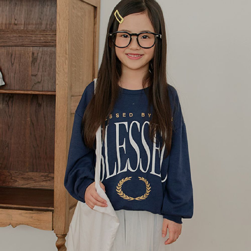 W.S.B. 文字印花純棉長袖大學T-BLESSED-海軍藍