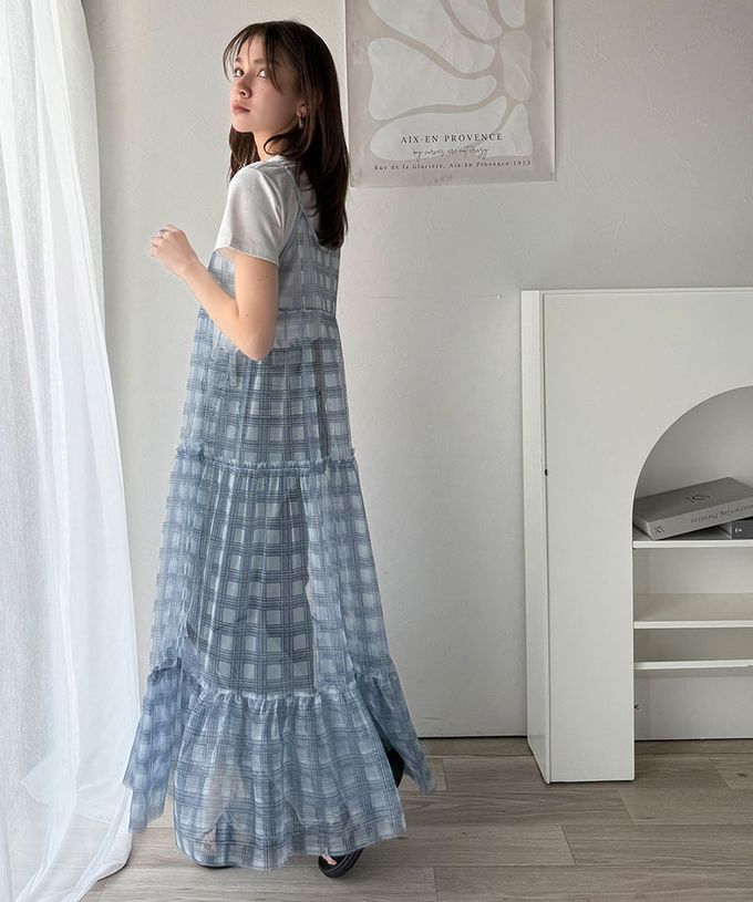 日本 Classical Elf - 絕美透膚格紋細肩帶薄紗罩衫-黑