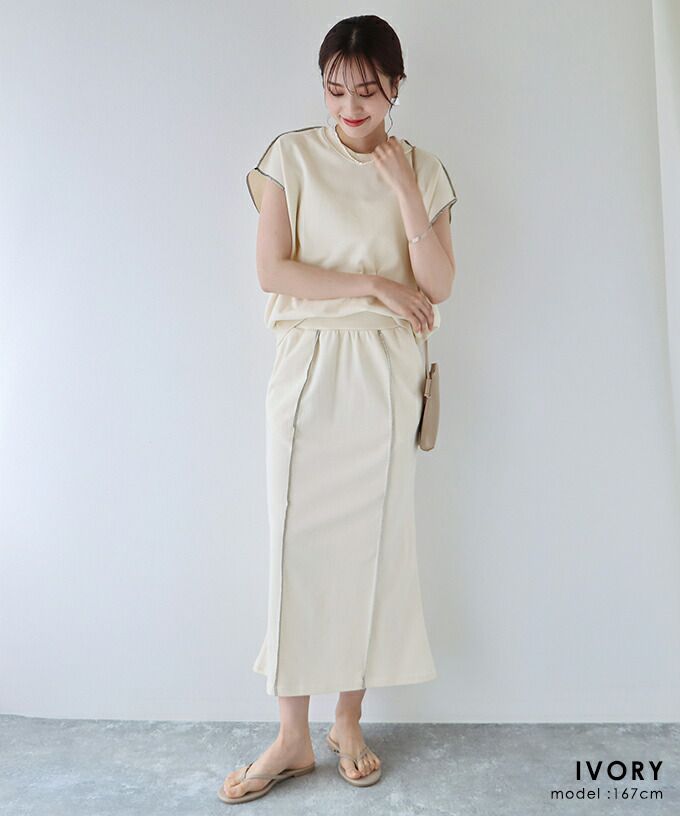 日本 BLUE EAST - 氣質修身法式短袖上衣x滾邊魚尾裙套裝-黑